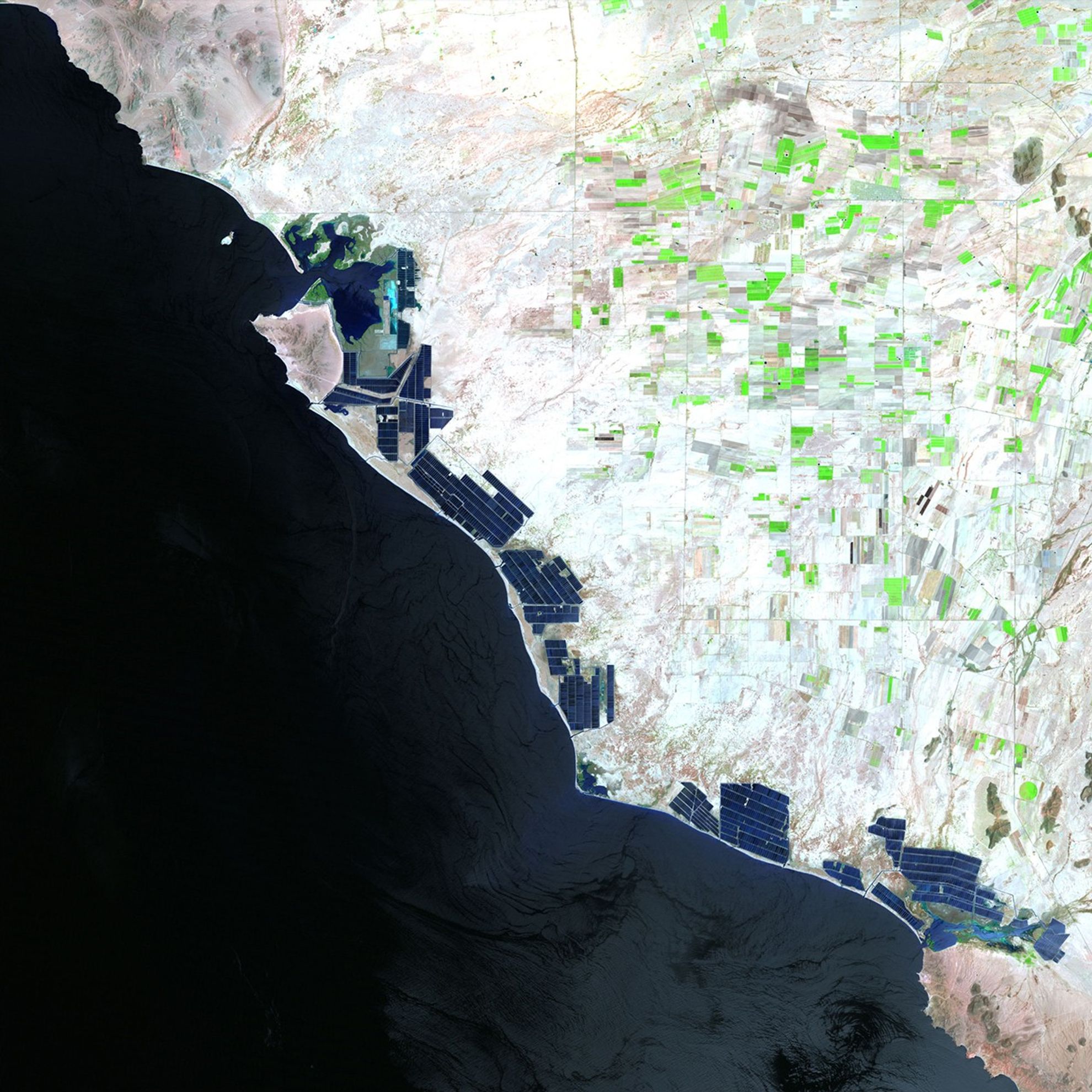 Left: August 7, 1993. Right: July 8, 2011. These images show changes to the western coastline of Sonora, Mexico due to the construction of shrimp farms over the past two decades. While the shrimp industry has generated profits and jobs, there have been concerns about its effect on the ecosystems of the region, and disputes have arisen about property rights to the communal coastal lands.