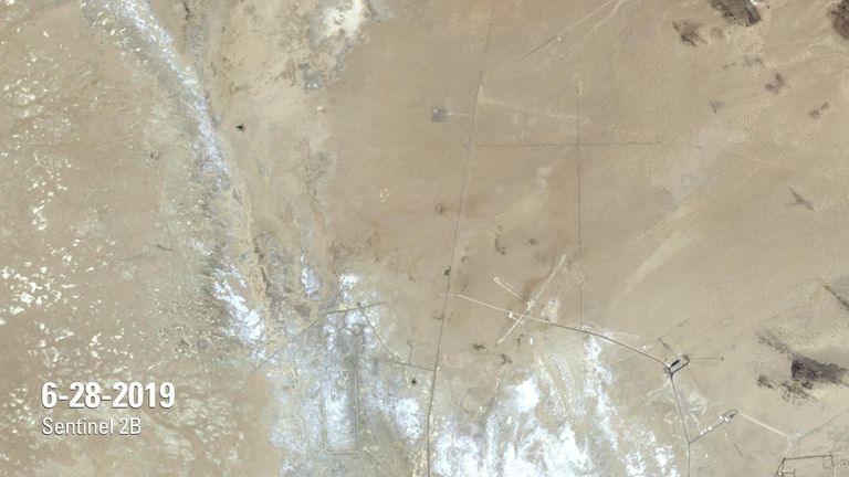 The July image shows a rupture in the Mojave Desert, caused by a magnitude 7.1 earthquake on July 5, 2019, the day after a magnitude 6.4 quake struck the same region. The rupture is about 30 miles (about 50 kilometers) long and cuts through Naval Air Weapons Station China Lake, a million-acre military installation reported to have sustained billions of dollars in damage. Radar analysis by NASA’s Jet Propulsion Laboratory estimates that each side of the fault shifted 2 feet or more from its original position. Images taken by the European Space Agency’s Sentinel-2B satellite. Source: U.S. Geological Survey’s National Land Imaging Image Collections