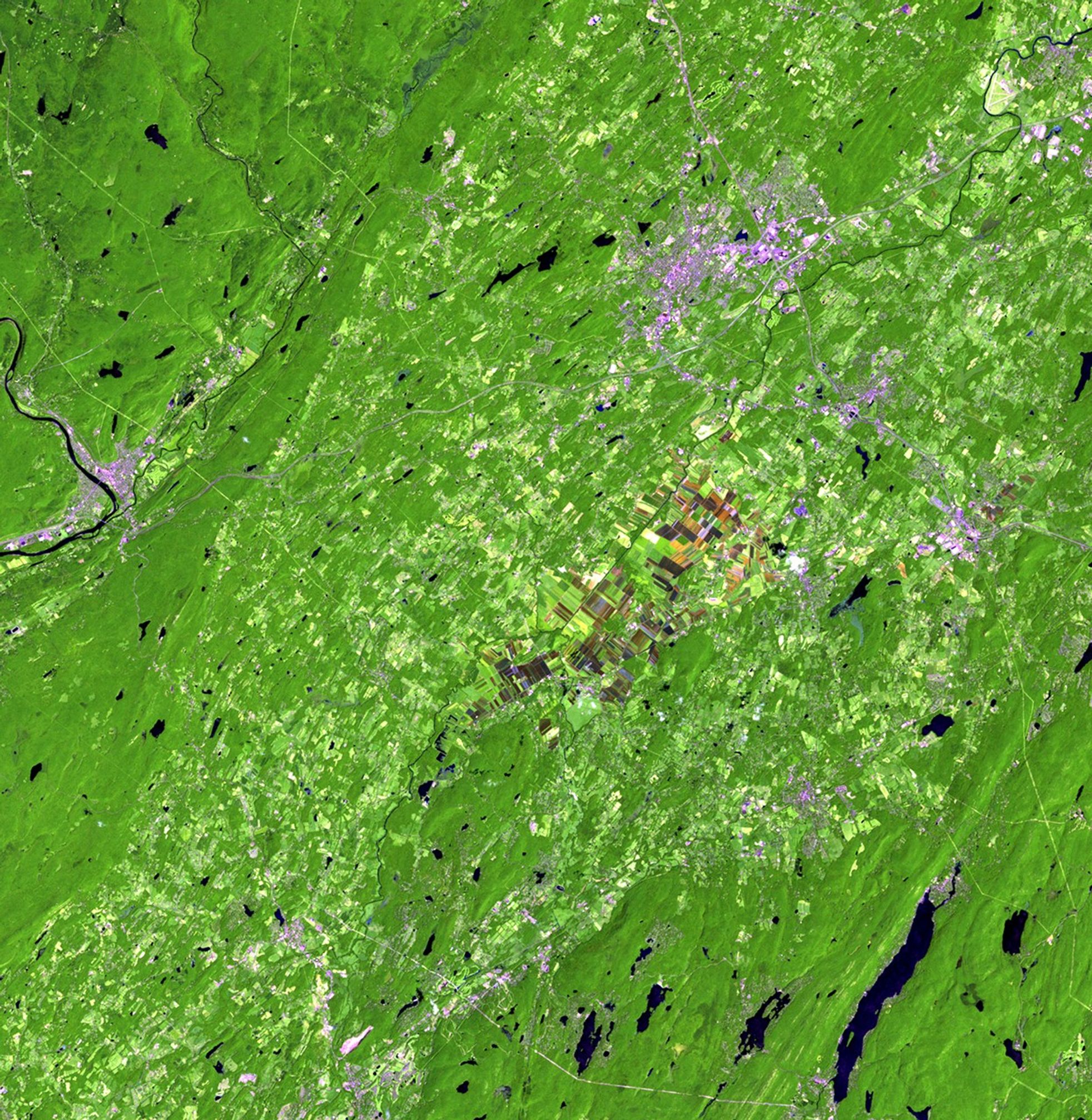 Farmland in the Black Dirt region, New York. Flooding from Hurricane Irene, shown on the right, brought an early end to the region's vegetable harvest. Located about an hour's drive from New York City, farms in the area have provided onions and other vegetables for over a century. The area used to be the bottom of a shallow lake, resulting in rich organic soil, which can be seen as deep browns and reds in the images.   Images taken by the Thematic Mapper sensor aboard Landsat 5. Source: USGS Landsat Missions Gallery, "Rural New York Flooding from Hurricane Irene," U.S. Department of the Interior / U.S. Geological Survey.