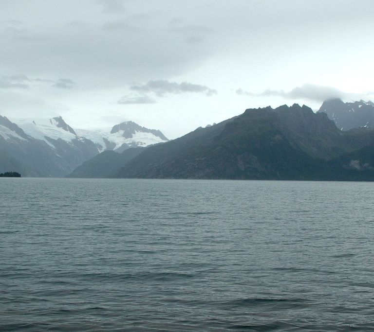 Looking north from the west shoreline of Harris Bay, Kenai Fjords National Park, Kenai Mountains, Alaska. The rocky shoreline in the foreground is covered by small icebergs, calved by the retreating Northwestern Glacier. During the roughly 60 to 80 years between photographs, Northwestern Glacier retreated some 6 miles (10 kilometers) to the northwest, out of the field of view.  U.S. Geological Survey, Department of the Interior. Earlier image is from a postcard, photographer unknown, courtesy of Kenai Fjords National Park. Later image is a USGS photograph by Bruce F. Molina.