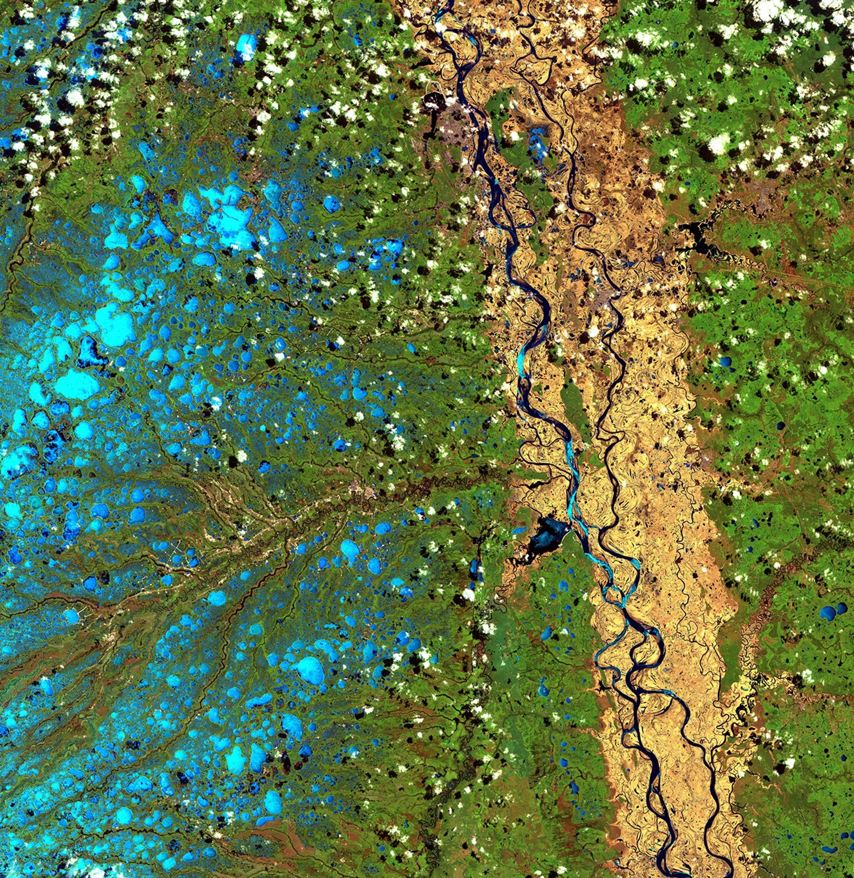 From the time they thaw in early May, the Ob River and its tributary, the Irtysh, flow from the Altay Mountains of northern China to the Arctic Ocean. The northern reaches of the Ob flow over a flat permafrost plain past the cities of Ozernyy and Nefteyvgansk in northern Russia. Because the river cannot cut deep channels into the frozen land, it spreads out over the surrounding plain during the spring melt, as shown in the image on the right. Images taken by the Thematic Mapper sensor onboard Landsat 5. Source: U.S. Geological Survey (USGS) Landsat Missions Gallery, "Ob River Flooding in Northern Russia," U.S. Department of the Interior / USGS and NASA.