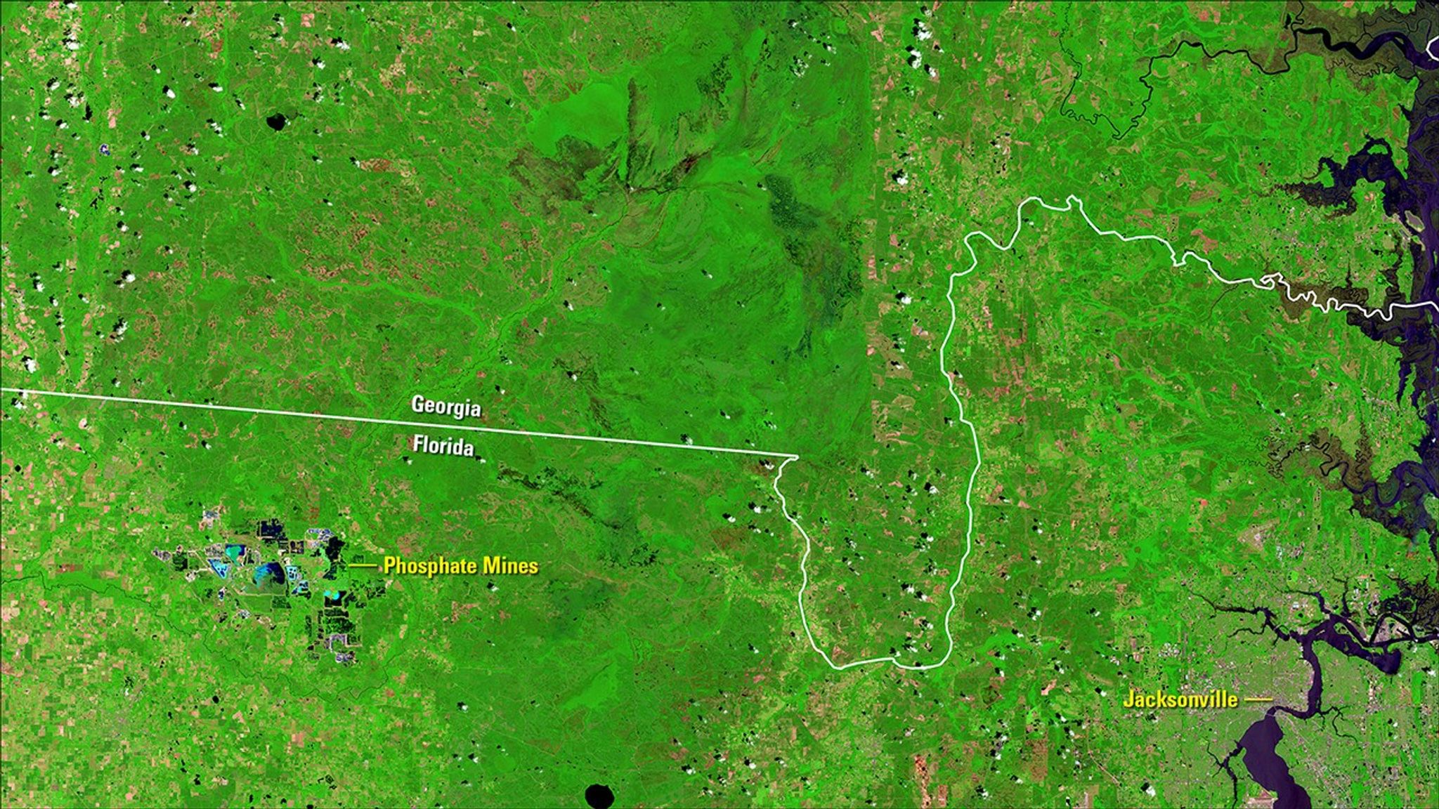 A lightning-ignited wildfire that started in the Okefenokee National Wildlife Refuge on April 6, 2017, persisted into May. Hot, dry weather and extremely dry fuels made the fire, also called the Okefenokee Fire, difficult to contain. Thick smoke affected nearby communities, its ash reported to have reached Jacksonville, Florida, about 30 miles southeast.   Images taken by the Landsat 8 satellite. Source: U.S. Geological Survey (USGS) Landsat Missions Gallery: “Okefenokee Fire Continues to Burn”; U.S. Department of the Interior / USGS and NASA.