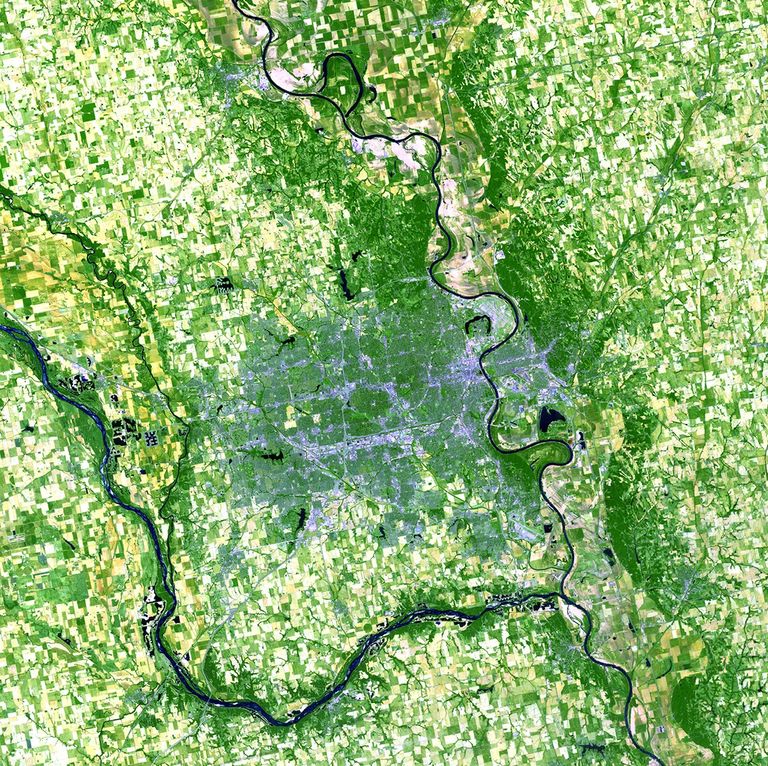 In the spring and summer of 2011, the Missouri River experienced extreme flooding. Record snowfall in the Rocky Mountains of Montana and Wyoming, along with near-record spring rainfall in central and eastern Montana, triggered dangerously high reservoir levels in Montana and the Dakotas. A record amount of water was released into the river to prevent overtopping of dams, which contributed to flooding downstream. Warm, dry weather has allowed the river to return to its banks, while cleanup continues on the highways and areas along the entire Missouri River. See also Flooding, Iowa. Images taken by the Enhanced Thematic Mapper Plus sensor onboard Landsat 7. Source: U.S. Geological Survey (USGS) Landsat Missions Gallery, "Missouri River near Omaha, NE - one year after flooding," U.S. Department of the Interior / USGS and NASA.
