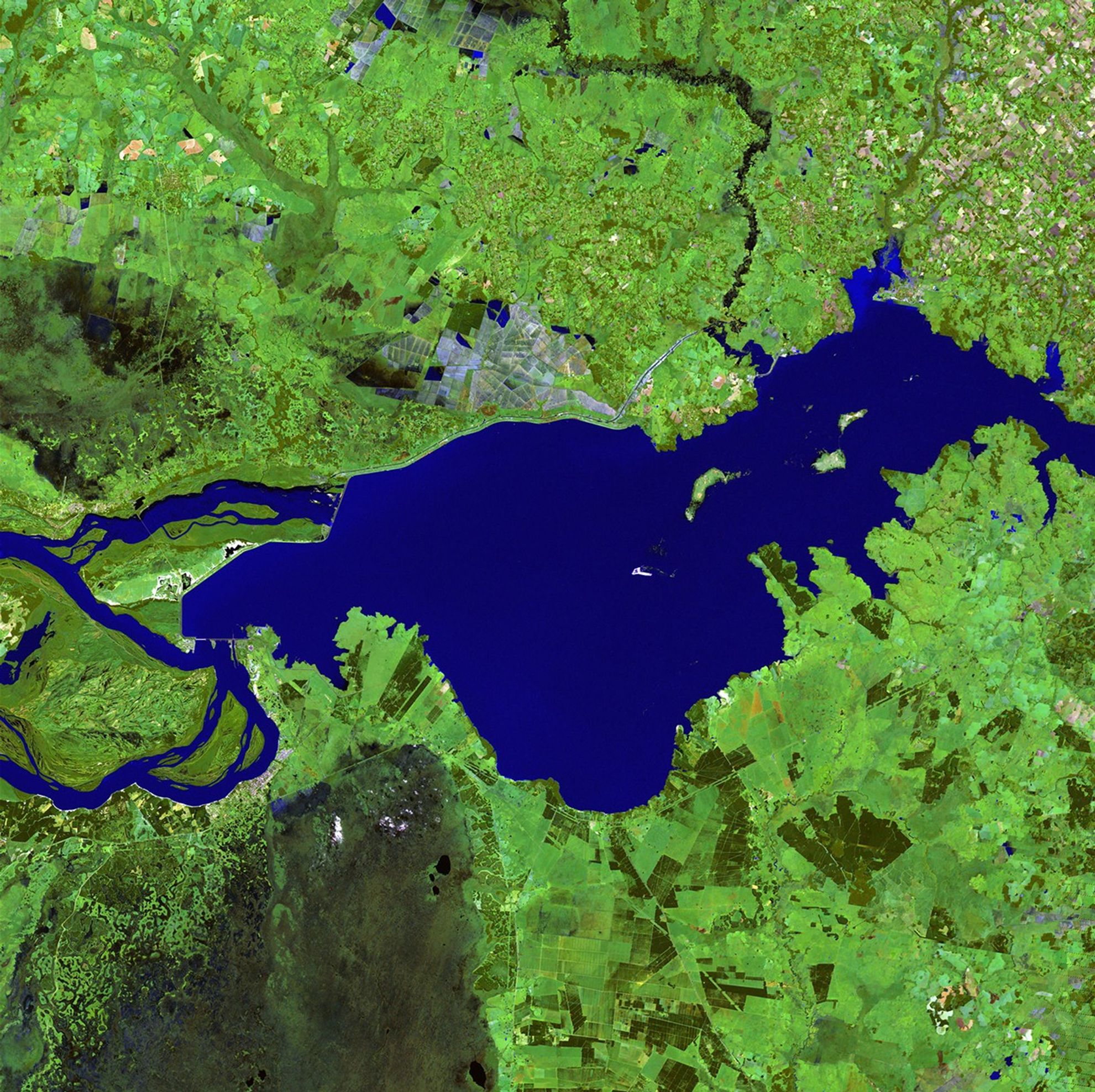 Left: May 25, 1985. Right: June 7, 2010. The Paraguay-Parana River system is the second largest river system in South America — second only to the Amazon. More than 100 million people and some of the rarest species on Earth depend on its waters for survival. The 1985 image shows a section of the river system shortly after construction began on the Yacyreta Dam, a joint hydroelectric project between Paraguay and Argentina. River levels rose dramatically upon completion of the dam, initially displacing 15,000 residents and endangering the homes of 800,000 more. Flooded lands included the habitats of jaguars, giant river otters, maned wolves, giant anteaters, 650 species of birds and more than 10,000 species of plants. Images taken by the Thematic Mapper sensor onboard Landsat 5 and the Enhanced Thematic Mapper Plus onboard Landsat 7. Source: USGS Landsat Missions Gallery, "Parana River Diversion," U.S. Department of the Interior / U.S. Geological Survey.