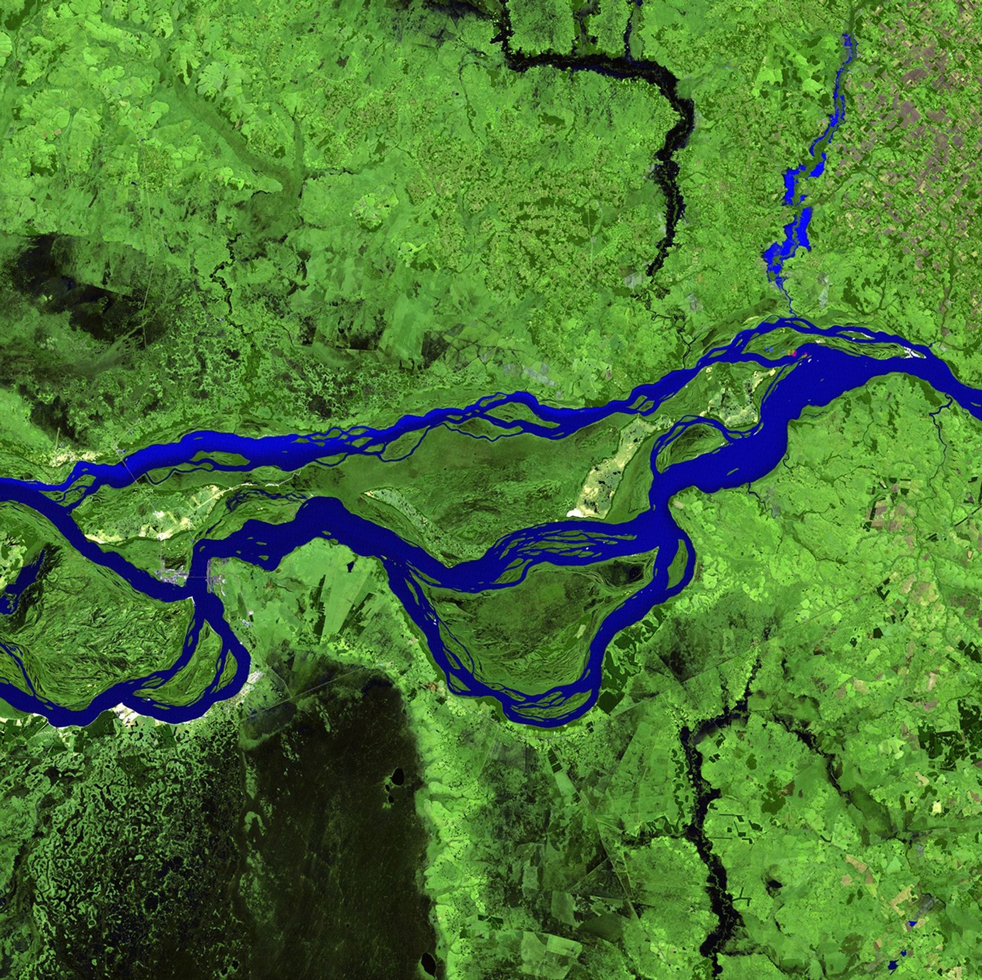 Left: May 25, 1985. Right: June 7, 2010. The Paraguay-Parana River system is the second largest river system in South America — second only to the Amazon. More than 100 million people and some of the rarest species on Earth depend on its waters for survival. The 1985 image shows a section of the river system shortly after construction began on the Yacyreta Dam, a joint hydroelectric project between Paraguay and Argentina. River levels rose dramatically upon completion of the dam, initially displacing 15,000 residents and endangering the homes of 800,000 more. Flooded lands included the habitats of jaguars, giant river otters, maned wolves, giant anteaters, 650 species of birds and more than 10,000 species of plants. Images taken by the Thematic Mapper sensor onboard Landsat 5 and the Enhanced Thematic Mapper Plus onboard Landsat 7. Source: USGS Landsat Missions Gallery, "Parana River Diversion," U.S. Department of the Interior / U.S. Geological Survey.