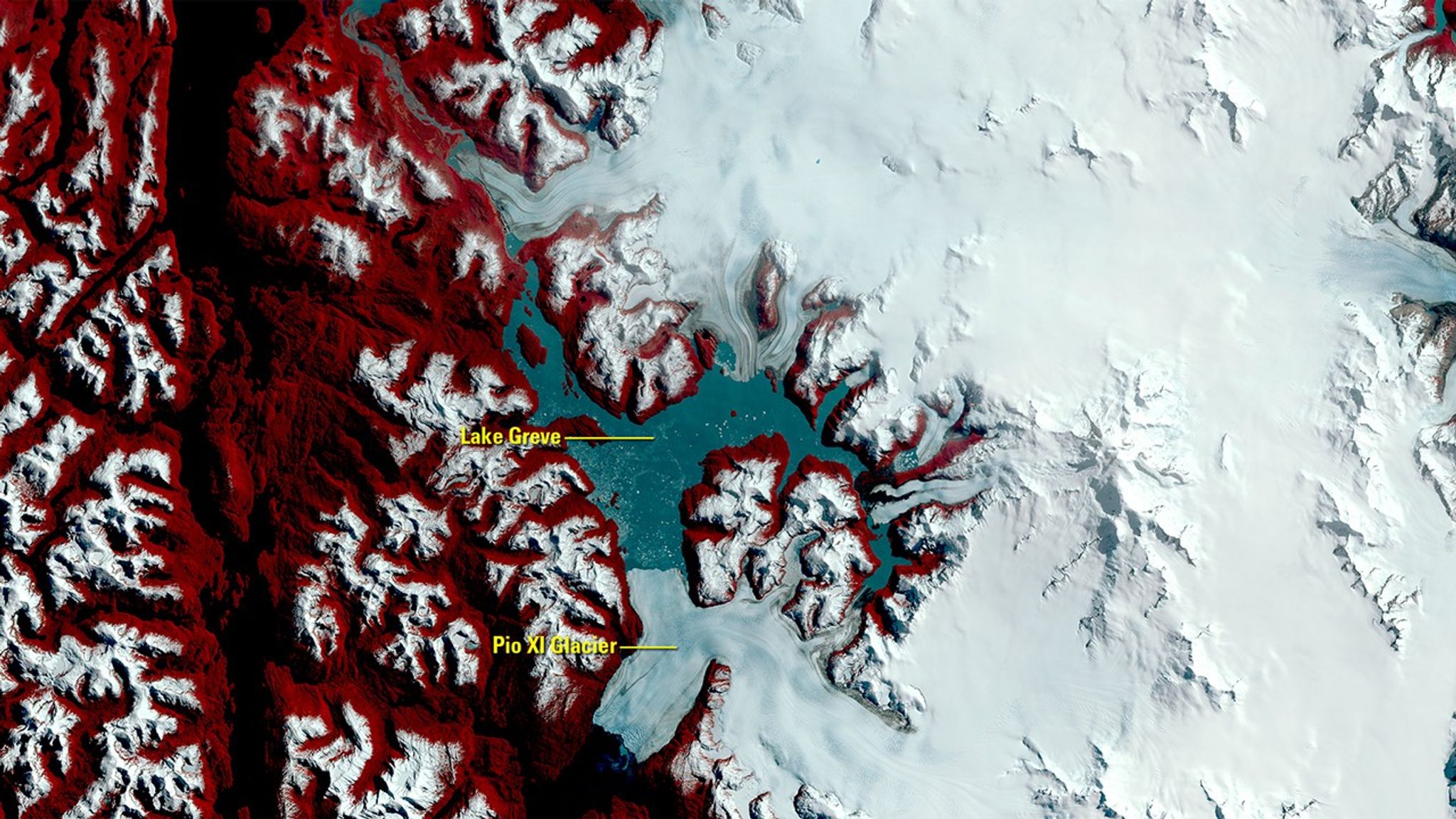 Many of the world’s glaciers are losing mass and receding, such as those in Chile’s Southern Patagonia Icefield (SPI). However, one of SPI’s glaciers, the Brüggen Glacier (also known as the Pio XI Glacier), is advancing for no clear reason. Between 1998 and 2014, the glacier’s southern front advanced 593 meters (about 1,945 feet), and its northern front, which flows into Lake Greve, advanced 107 meters (about 351 feet). Scientists theorize that activity inside or beneath the glacier could be making it advance, along with factors like flow speed and the lake’s depth. Whatever the cause, the SPI glaciers continue to be closely monitored from space.   Images taken by Landsat satellites. Source: U.S. Geological Survey (USGS) Landsat Missions Gallery: “As Glaciers Worldwide Are Retreating, One Defies the Trend”; U.S. Department of the Interior / USGS and NASA.