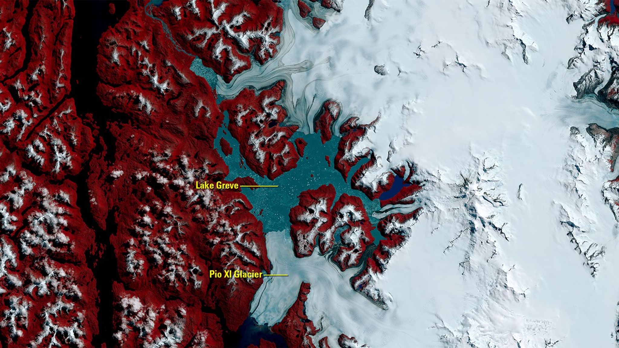 Many of the world’s glaciers are losing mass and receding, such as those in Chile’s Southern Patagonia Icefield (SPI). However, one of SPI’s glaciers, the Brüggen Glacier (also known as the Pio XI Glacier), is advancing for no clear reason. Between 1998 and 2014, the glacier’s southern front advanced 593 meters (about 1,945 feet), and its northern front, which flows into Lake Greve, advanced 107 meters (about 351 feet). Scientists theorize that activity inside or beneath the glacier could be making it advance, along with factors like flow speed and the lake’s depth. Whatever the cause, the SPI glaciers continue to be closely monitored from space.   Images taken by Landsat satellites. Source: U.S. Geological Survey (USGS) Landsat Missions Gallery: “As Glaciers Worldwide Are Retreating, One Defies the Trend”; U.S. Department of the Interior / USGS and NASA.