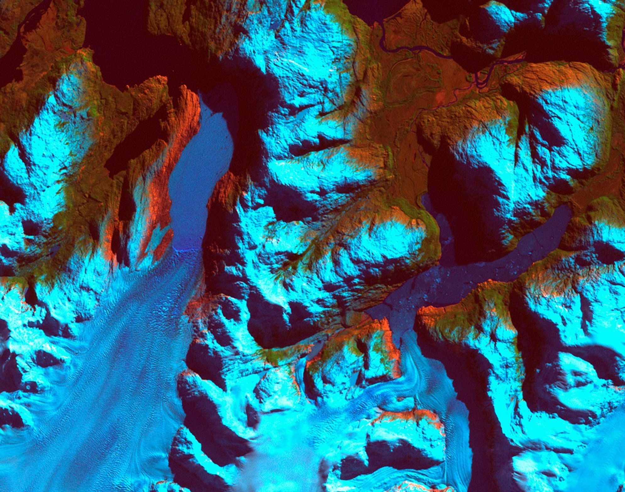 Patagonia, Chile. Left: September 18, 1986. Right: August 5, 2002. The 1986 image shows the region prior to a major retreat of the glaciers. The 2002 image shows a retreat of nearly 10 kilometers (6.2 miles) of the glacier on the left side. The smaller glacier on the right has receded more than 2 kilometers (1.2 miles). In front of the smaller glacier, two ribbon lakes have formed behind the debris left by the glacier's advance. Scientists and government managers are using satellite imagery like this to monitor the retreat of the glaciers and the impact on water bodies caused by the changes in the glaciers’ size and direction. Left image taken by the Thematic Mapper sensor onboard Landsat 5. Right image taken by the Enhanced Thematic Mapper Plus sensor onboard Landsat 7. Source: USGS Landsat Missions Gallery, "Patagonia Region - Retreating Glaciers," U.S. Department of the Interior / U.S. Geological Survey.