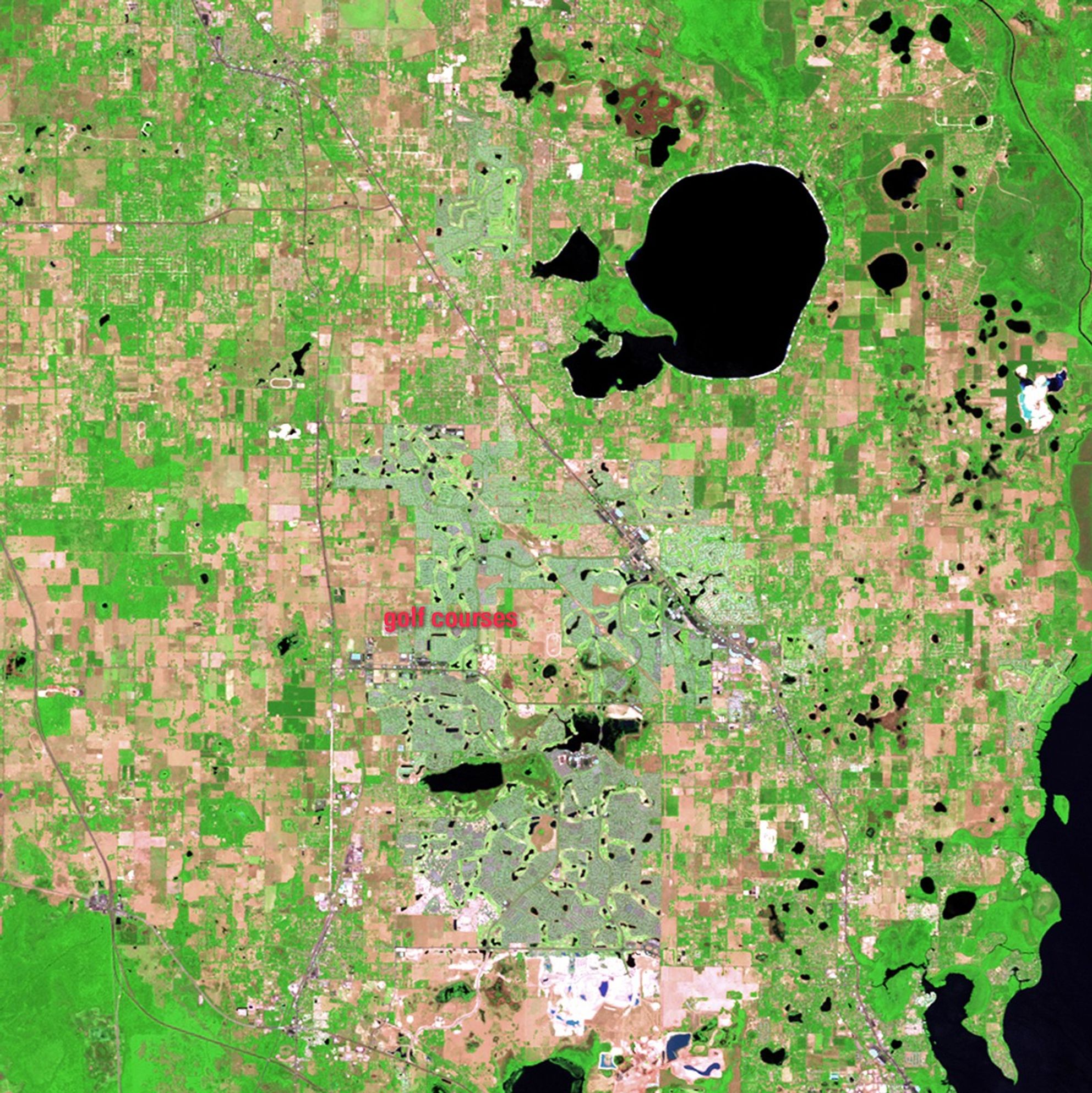 As the U.S. population has aged, more older people have been moving from northern states to southern communities. Sumpter County in central Florida grew 75 percent since 2000, largely due to expansion of The Villages, a master-planned retirement community with a strong emphasis on golf. Started as a mobile home park in the early 1980s, The Villages was the fastest growing micro-population area in the United States by 2008. These images illustrate the changes that have accompanied this growth. Agricultural land has turned into more than 40 golf courses, and small bodies of water (shown as black) have been converted to water hazards. Lakes have been drained to provide irrigation and residential communities (very light tones) have popped up around the golf courses. Images taken by the Thematic Mapper sensor onboard Landsat 5. Source: U.S. Geological Survey (USGS) Landsat Missions Gallery, "The Villages, Florida," U.S. Department of the Interior / USGS and NA