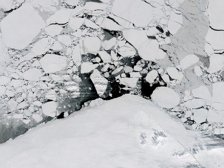 Ice in the Beaufort Sea, off the Arctic Ocean, suffered significant fracturing and breakup by mid-April in 2016, considerably earlier than the late-May period when this usually happens. NASA ice specialists attribute the change to unusually warm air temperatures during the first months of the year and to strong winds caused by a stalled high-pressure system over the area. The thicker, multi-year ice that once covered the region has largely given way to seasonal, first-year ice that is thinner, weaker and more easily broken up by strong winds.