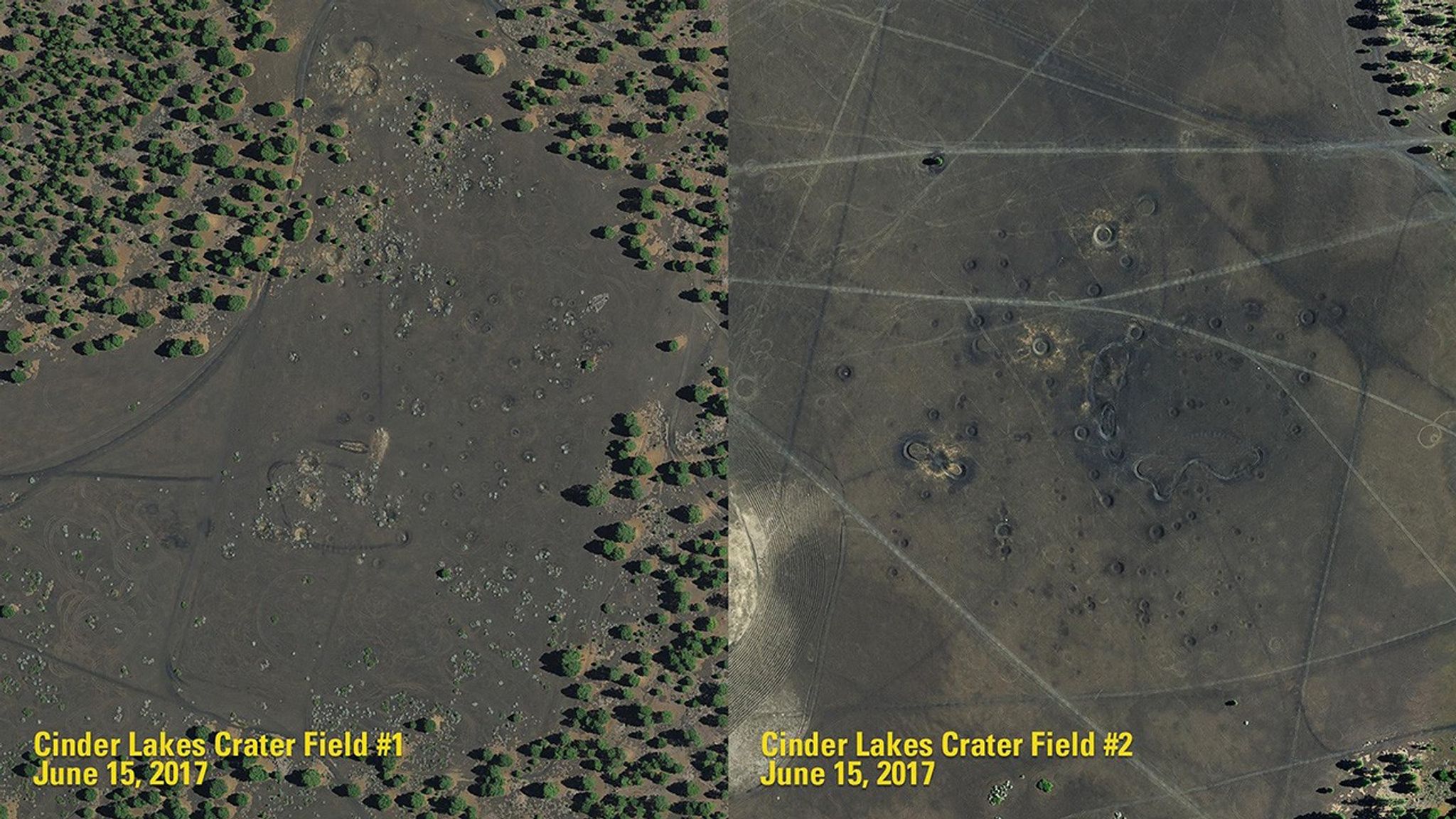 The U.S. Geological Survey created the two Cinder Lake crater fields, near Flagstaff, Arizona, to help train Apollo astronauts bound for the lunar surface. The first of these fields (1968 image) was designed to simulate the Sea of Tranquility, where Neil Armstrong and Buzz Aldrin would land in 1969. The impact craters in these ancient lava flows were made with dynamite instead of meteorites. Unlike the airless Moon, which can preserve craters for eons, the Arizona craters have eroded, as seen in this comparison of 1968 and 1974 images with those of 2017.   Aerial photography from the National Agricultural Imagery Program. Source: U.S. Geological Survey’s National Land Imaging Image Collections