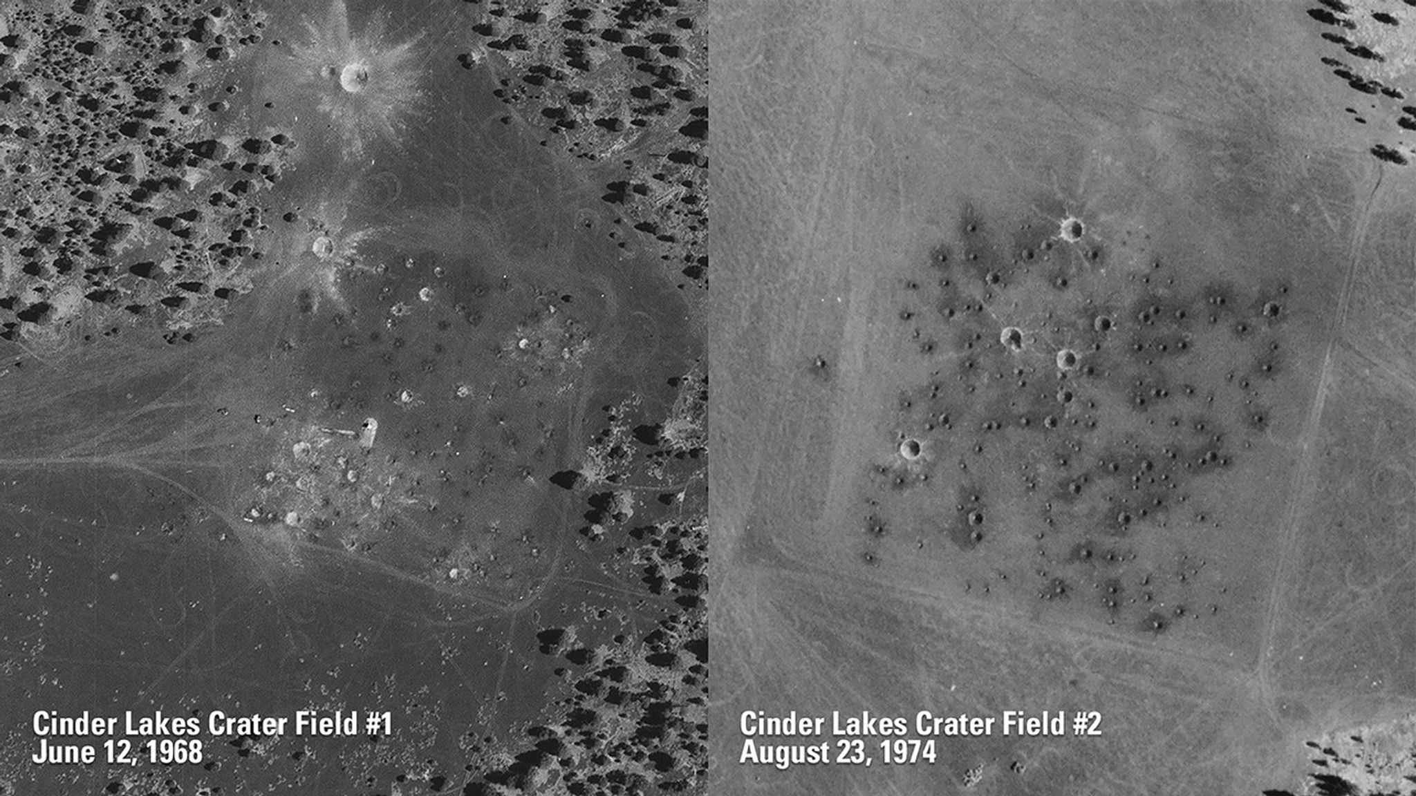 The U.S. Geological Survey created the two Cinder Lake crater fields, near Flagstaff, Arizona, to help train Apollo astronauts bound for the lunar surface. The first of these fields (1968 image) was designed to simulate the Sea of Tranquility, where Neil Armstrong and Buzz Aldrin would land in 1969. The impact craters in these ancient lava flows were made with dynamite instead of meteorites. Unlike the airless Moon, which can preserve craters for eons, the Arizona craters have eroded, as seen in this comparison of 1968 and 1974 images with those of 2017.   Aerial photography from the National Agricultural Imagery Program. Source: U.S. Geological Survey’s National Land Imaging Image Collections