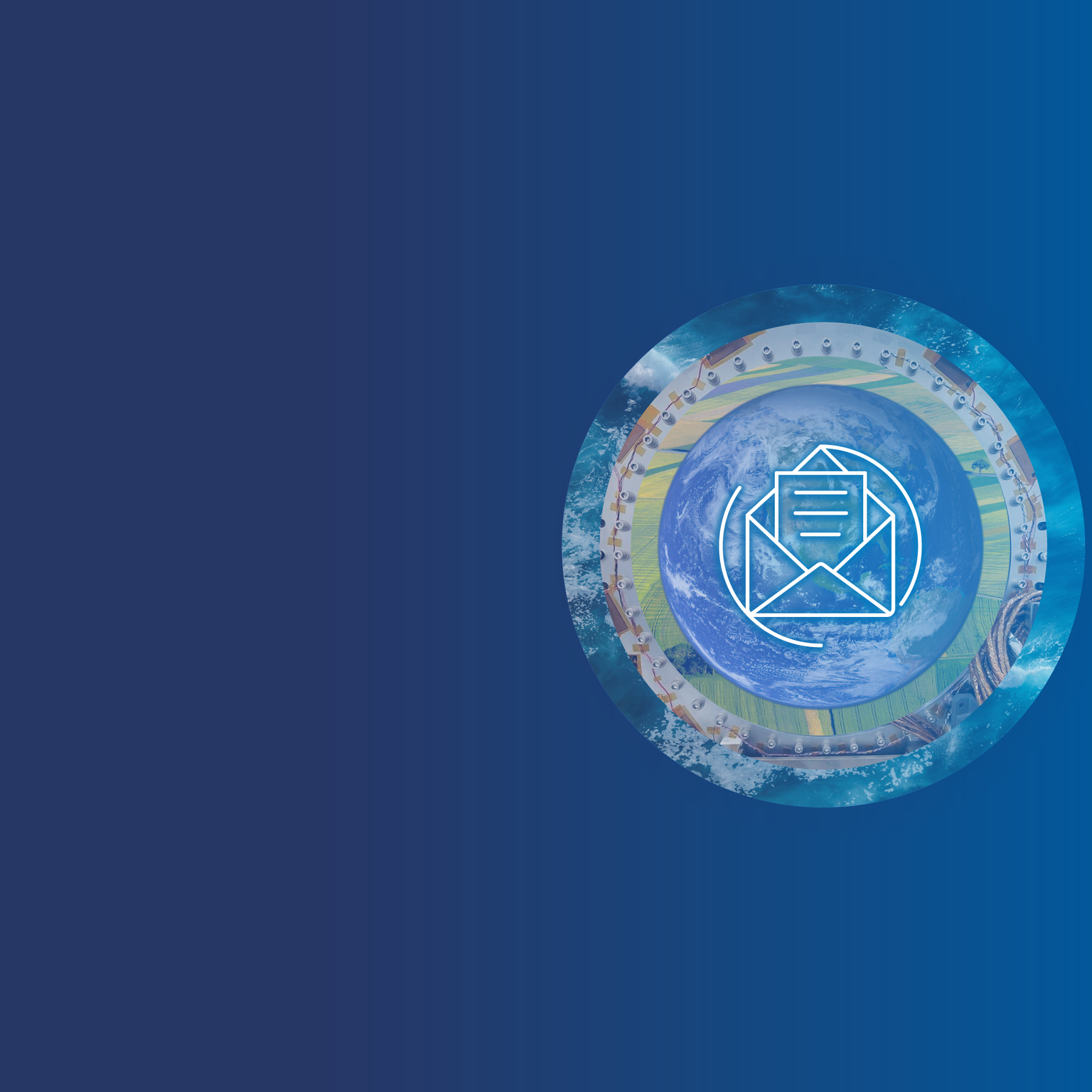 A collage of the Earth with a newsletter signup icon overlaid with three rings around it including an ocean image, an engineering image, and a farmland image.