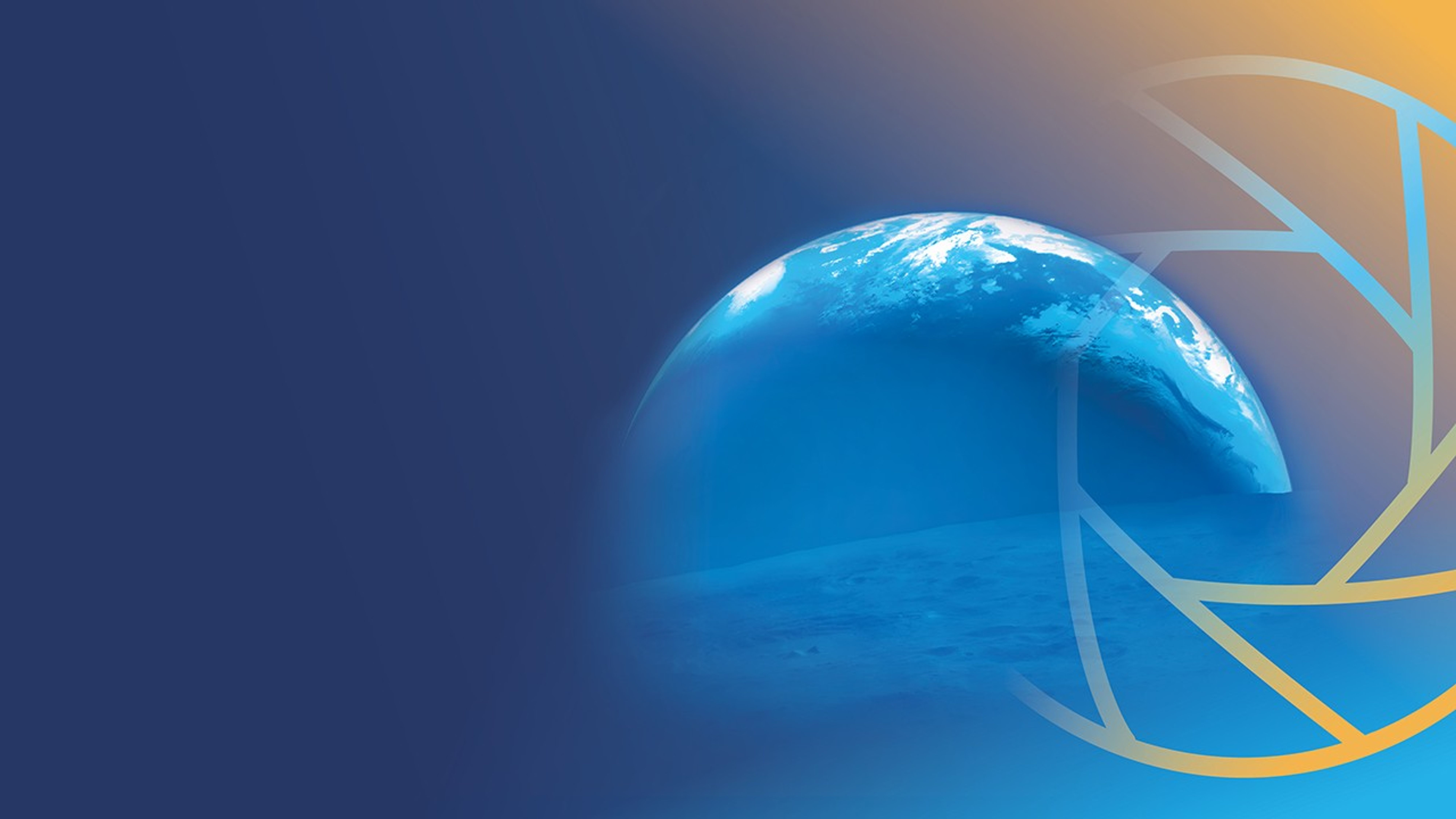 blue overlay of an image of earth and moon in the foreground. The left side of the image is darker blue and the upper right is yellow. A hexagonal spiral in gray is faded over the right side of the image.