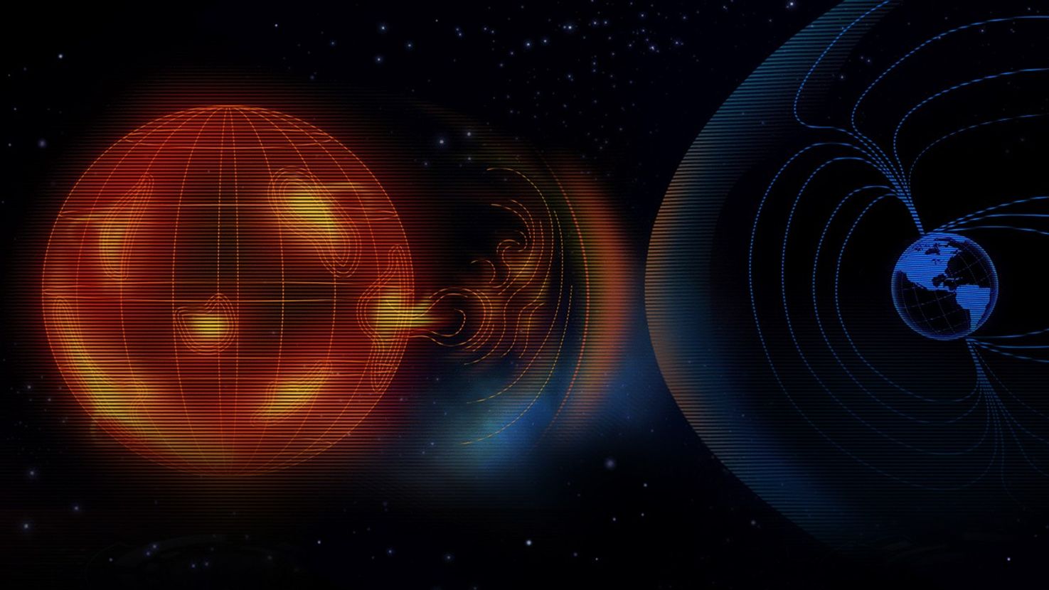 Digital illustration showing the Sun on the left and Earth on the right, both stylized with grid lines and glowing colors. The Sun is depicted in orange and yellow with active regions and a solar flare extending toward Earth. Earth is shown in blue with curved magnetic field lines representing the magnetosphere, which deflects the incoming solar material. The background is a star-filled space. The image visualizes the interaction between solar activity and Earth's magnetic field.