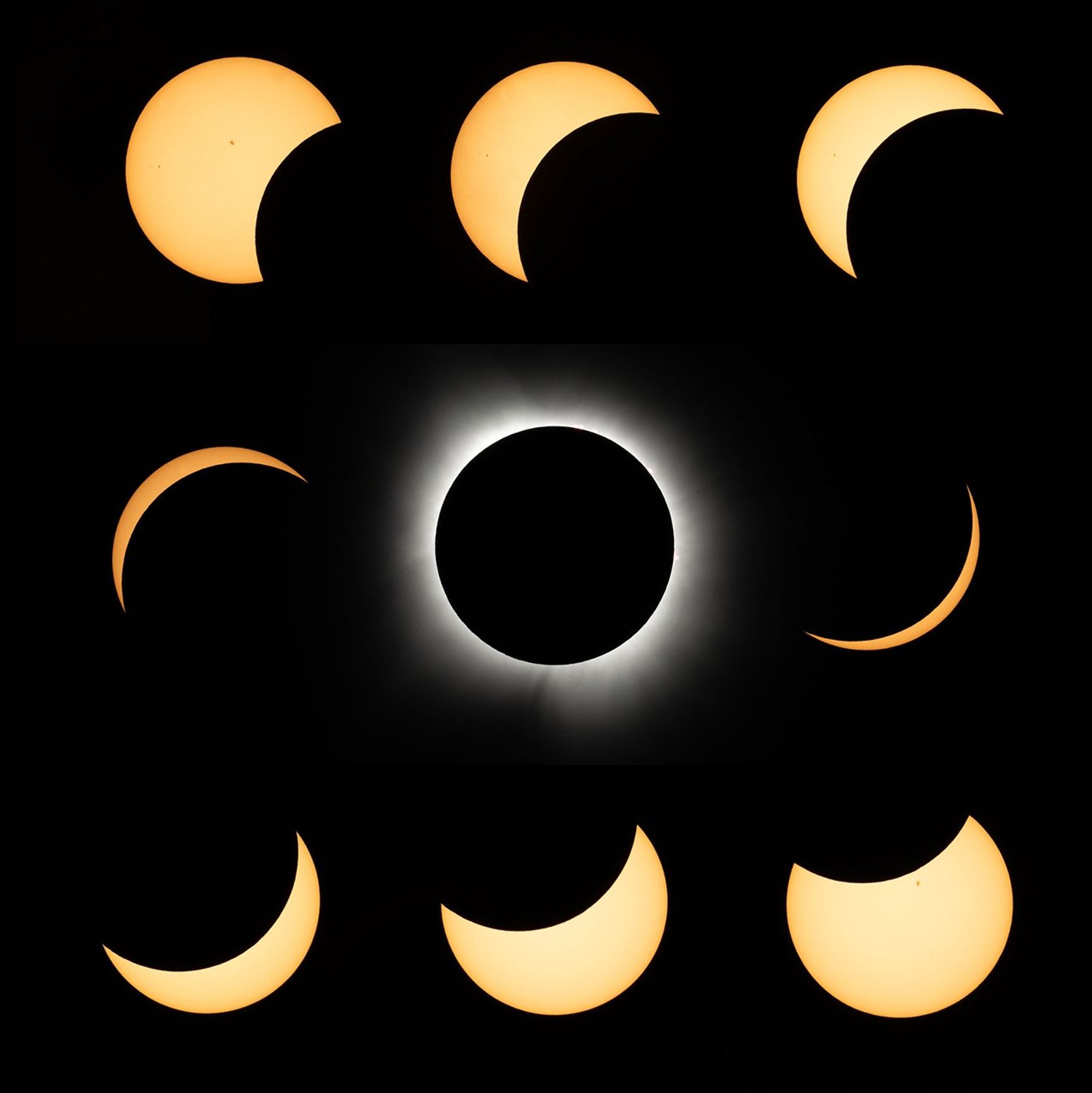 A square image with a black background features nine stages of a total solar eclipse arranged in a nine-by-nine grid. With the exception of the stage in the exact middle of the image, the Sun is seen as a yellow-orange crescent in varying states of thinness. The middle stage shows the eclipse at totality, where the full black silhouette of the moon is outlined by the wispy white rays of the Sun's atmosphere, the corona.
