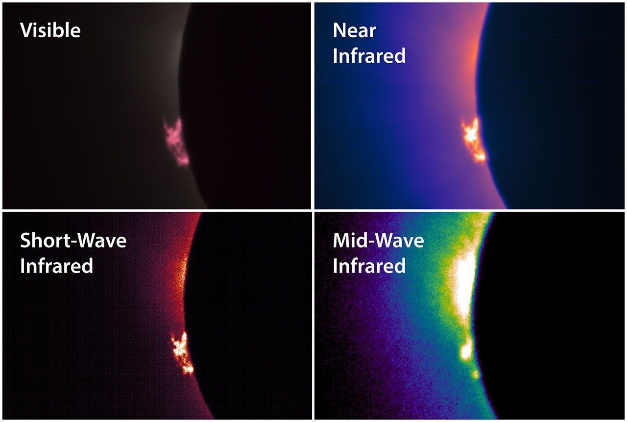 Four panels show the left edge of the eclipsed Sun in different wavelengths of light. In each image is a cloud of material, a prominence, rising off the left edge of the Sun. The prominence appears in different colors and resolutions in each image. The four images are labeled Visible, Near Infrared, Short-Wave Infrared, and Mid-Wave Infrared.