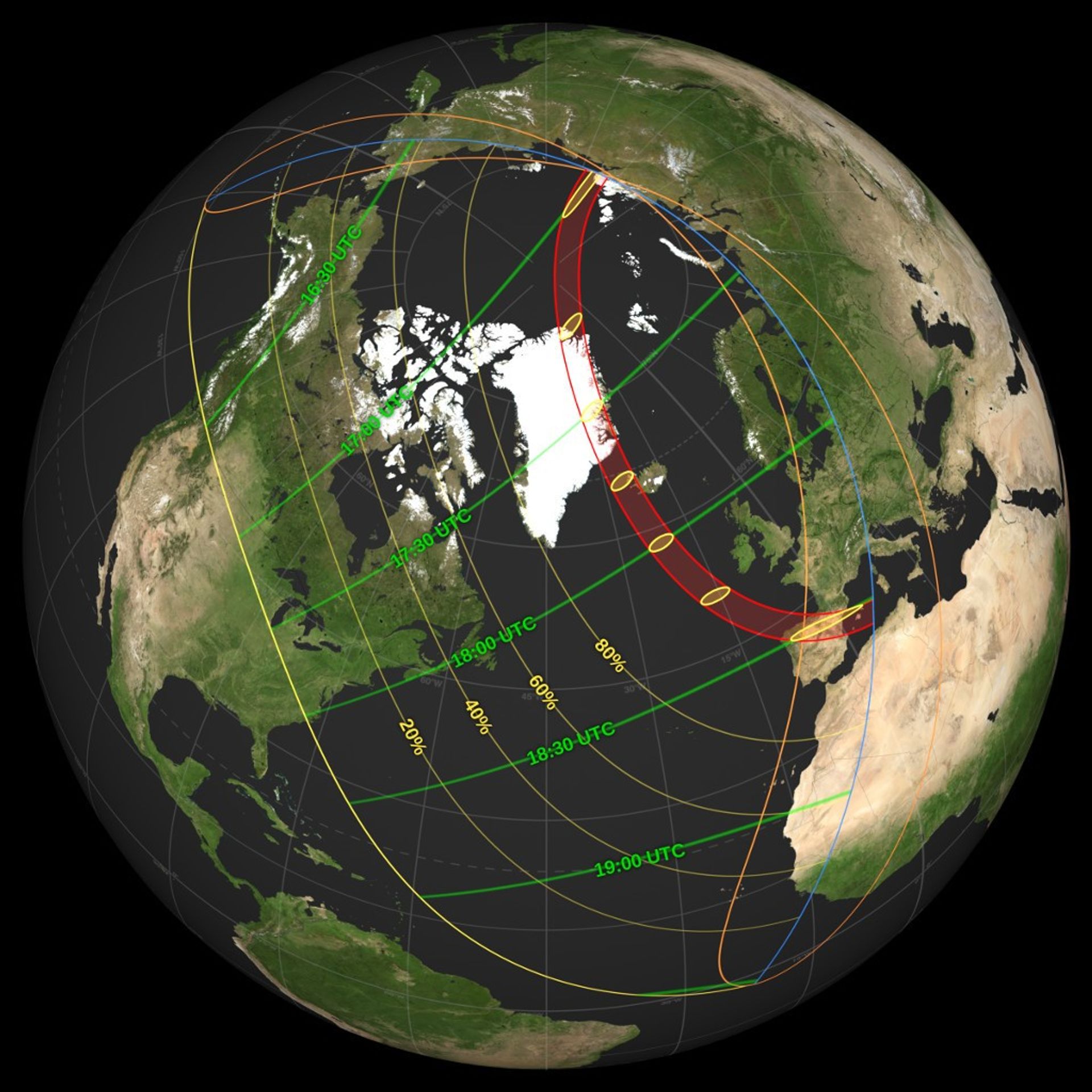 Percorso dell'eclissi solare totale del 12 agosto 2026