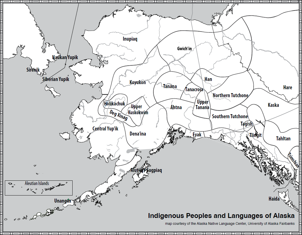 A black and white map of Alaska and northwest Canada overlaid with the names of different regional indigenous communities and curved lines to indicate the different regions in which they live.