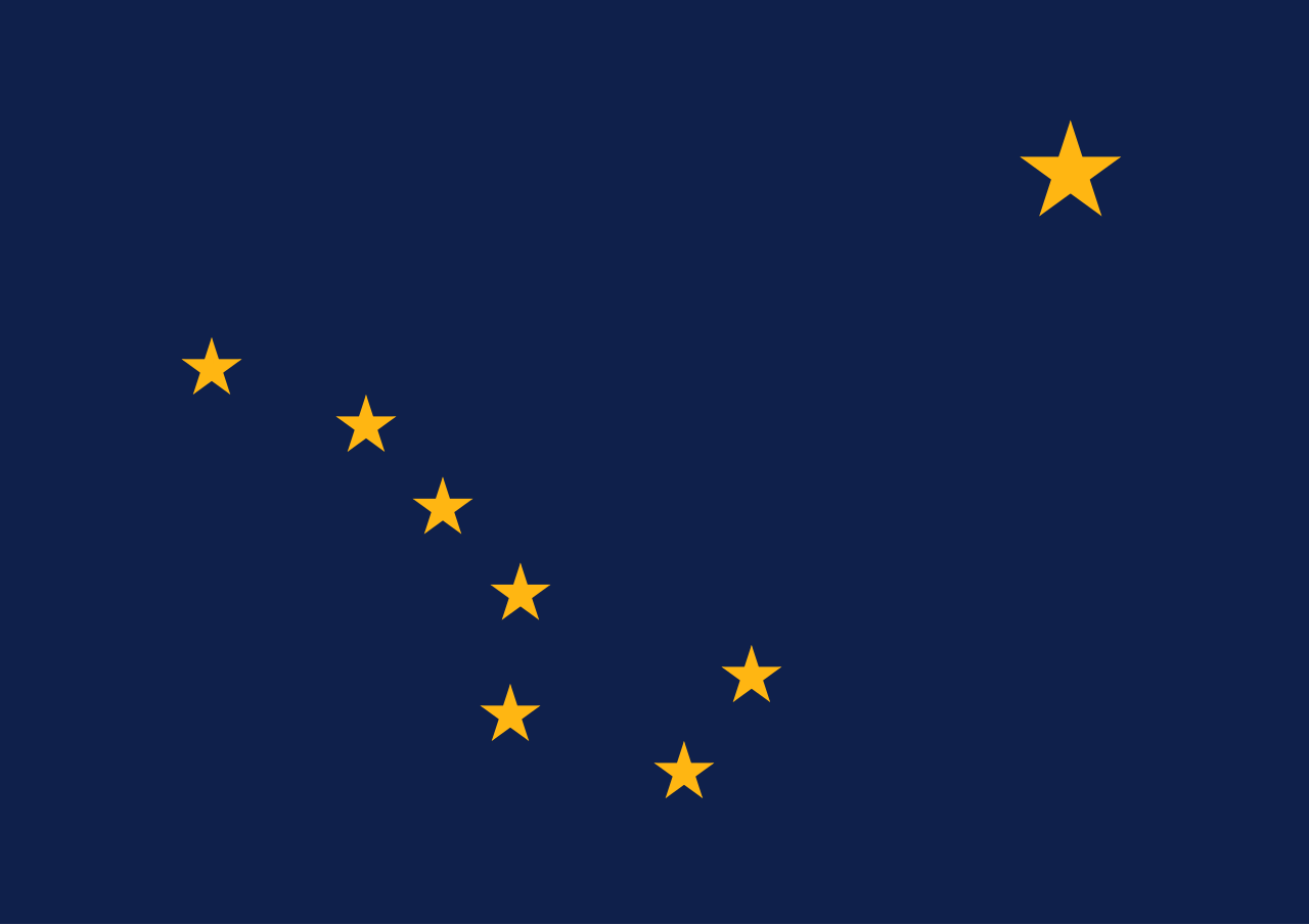 Image shows the flag of Alaska, with a deep blue background and eight golden stars in the pattern of the Big Dipper constellation and Polaris