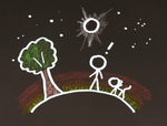 A simulated chalk drawing of a total solar eclipse, with a stick figure person and dog watching as the Sun disappears behind the Moon.