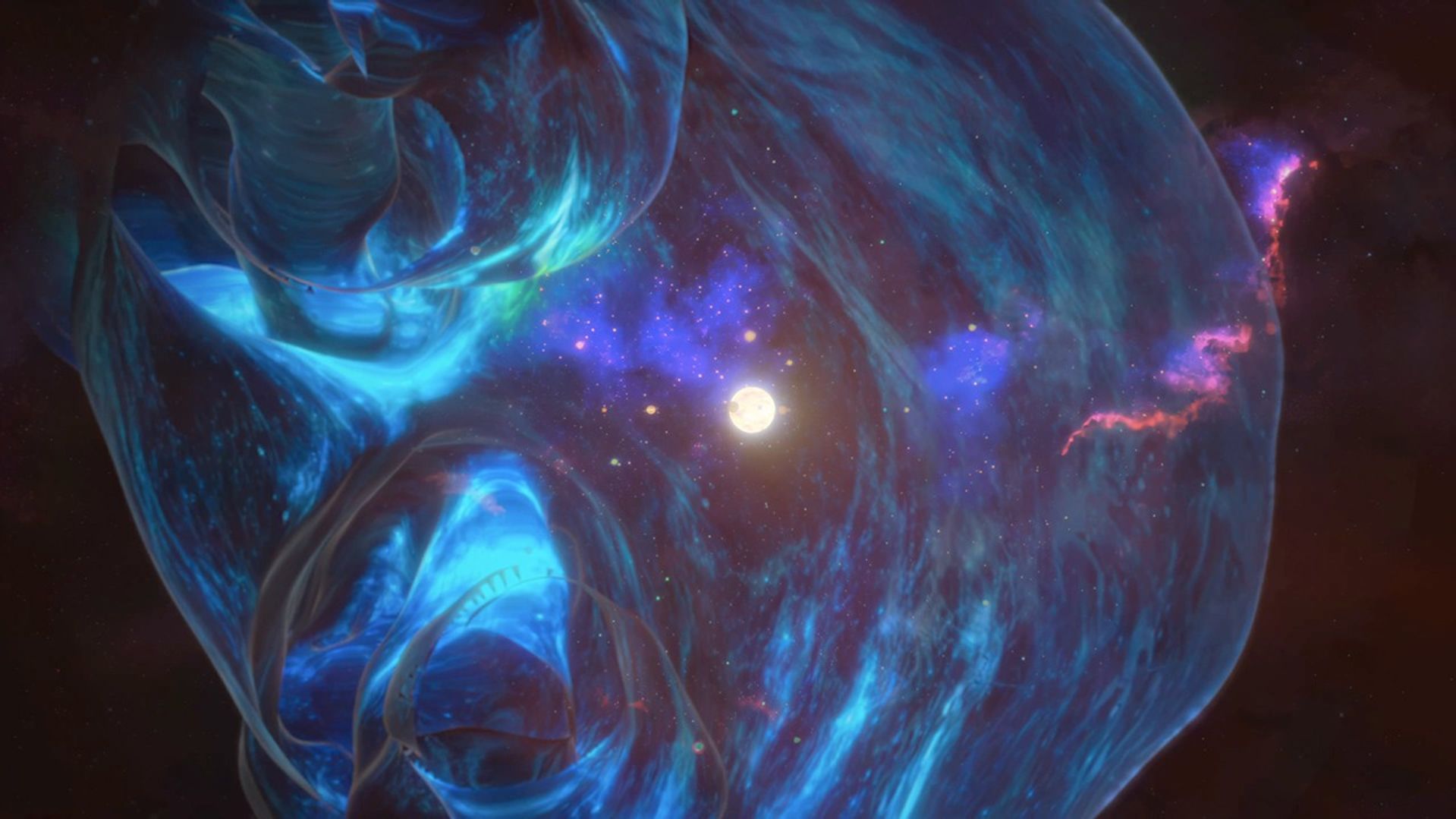 A translucent cloud-like structure in space includes bright colors and a star (our Sun) shining from within.