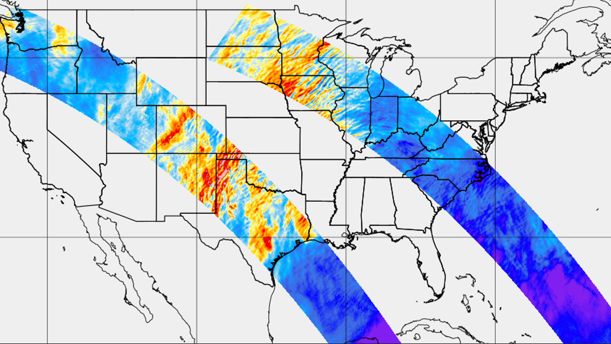 A map of the United States shows satellite data of two weather patterns stretching from the southwest to the northeast. The patterns have varied colors, including blue, yellow, and red, indicating different data intensities in those regions.