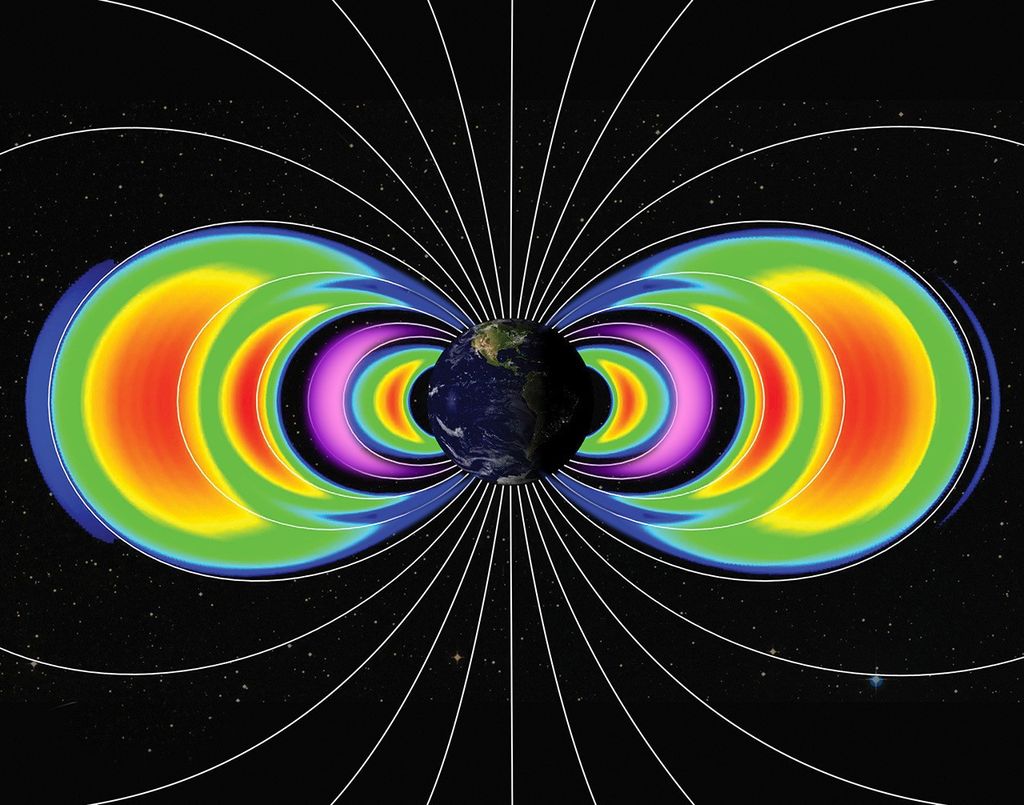 In a visualization, Earth is shown against the blackness of space. White lines emanate out from the poles showing the planet’s magnetic field lines. Concentric rainbow-colored semicircles on either side of Earth visualize belts of trapped electrons. The second belt from Earth is colored purple to indicate it’s composed of protons as well as electrons. The third belt from Earth (rainbow color) represents the new electron belt.