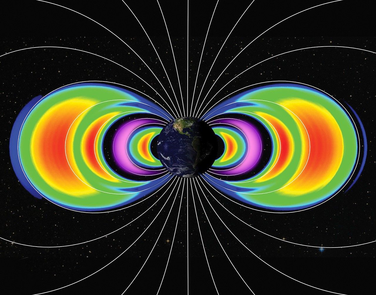 In a visualization, Earth is shown against the blackness of space. White lines emanate out from the poles showing the planet’s magnetic field lines. Concentric rainbow-colored semicircles on either side of Earth visualize belts of trapped electrons. The second belt from Earth is colored purple to indicate it’s composed of protons as well as electrons. The third belt from Earth (rainbow color) represents the new electron belt.