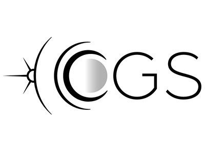 Black and white logo for the Center for Geomagnetic Storms featuring a line art Sun over a curved horizon and the letters C, G, S