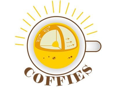 A logo for the COFFIES DRIVE Science Center featuring a coffee mug shape with a cutaway schematic of the Sun inside it.
