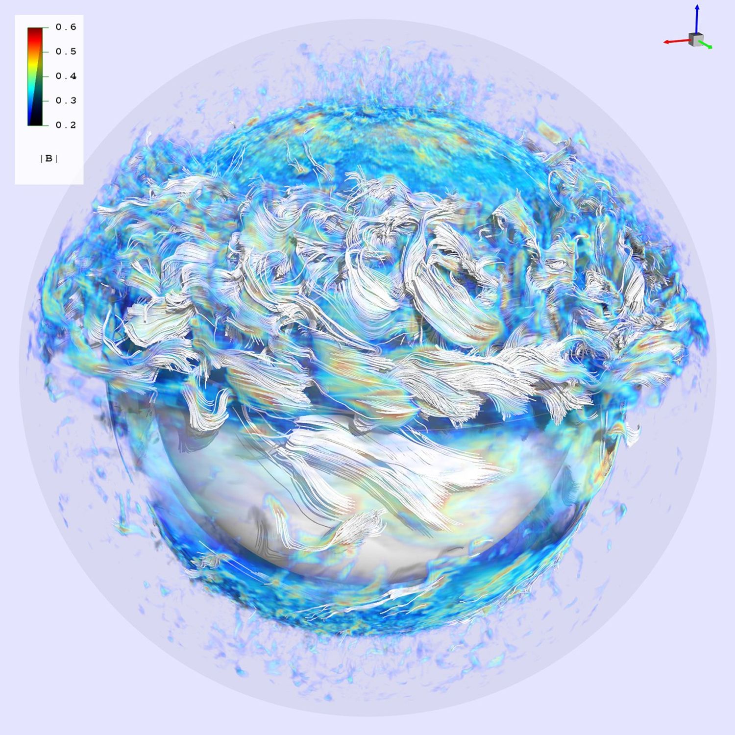A light purple sphere encapsulates waves of blue and white with touches of green to represent the evolution of the Sun's magnetic field
