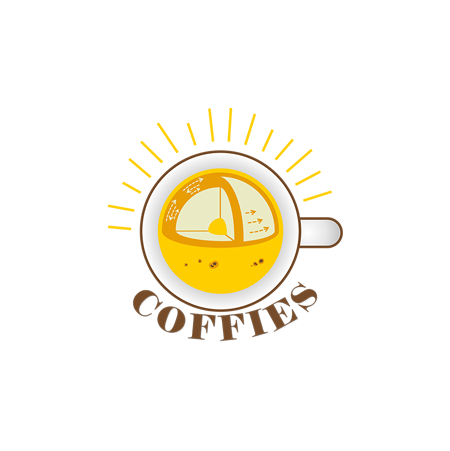 A logo for the COFFIES DRIVE Science Center featuring a coffee mug shape with a cutaway schematic of the Sun inside it.