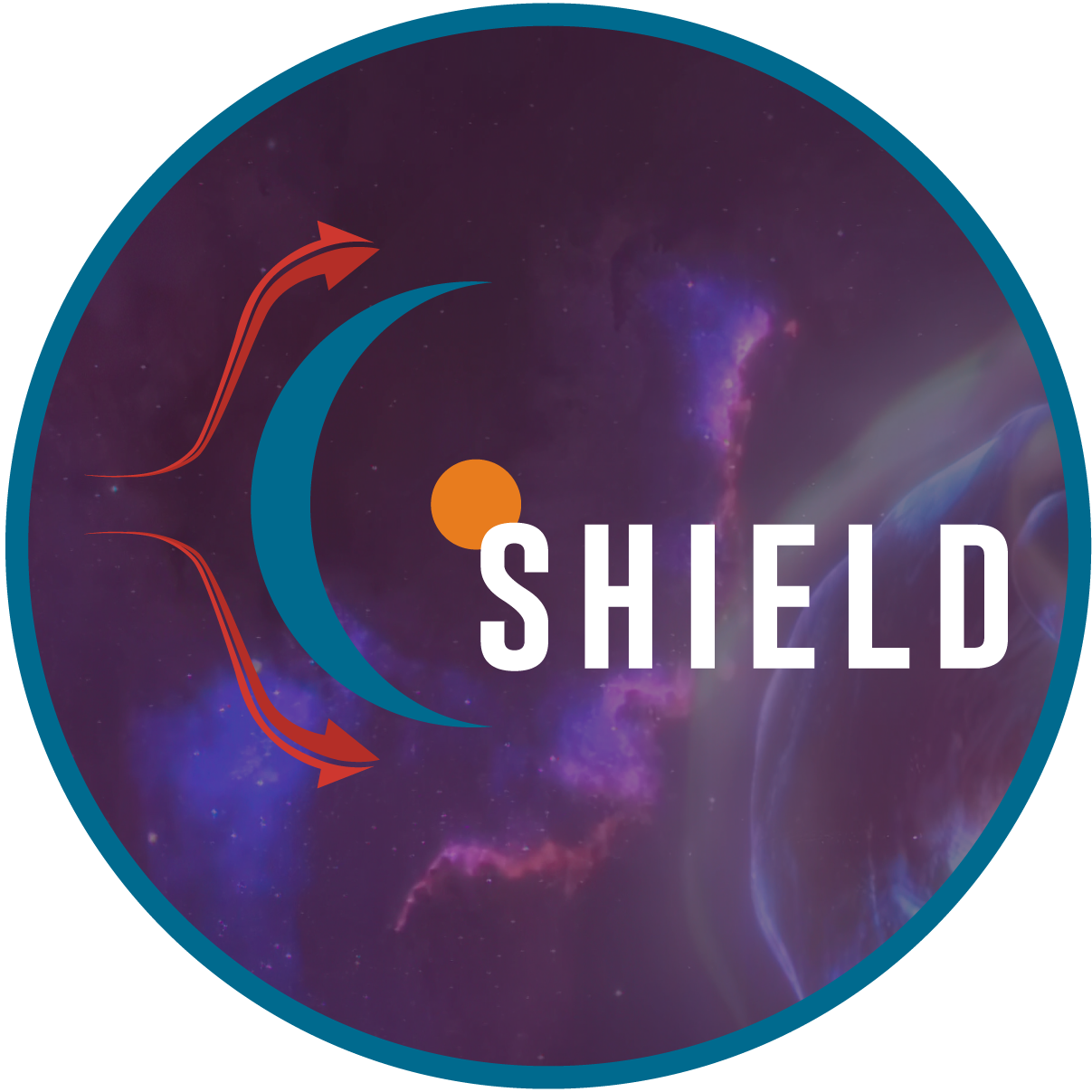 A round identifier that includes deep purples and heliopsheric elements and the word SHIELD