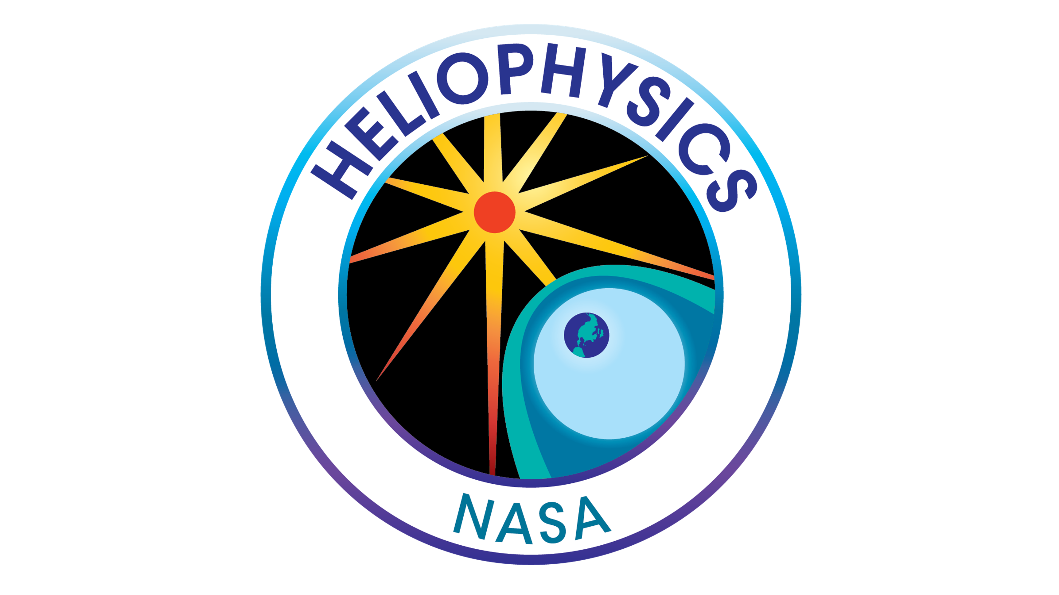 A circular NASA logo representing heliophysics. It features a stylized sun with radiating golden rays, a blue arc resembling Earth's magnetosphere, and a depiction of Earth inside a large eye-like shape. The word "HELIOPHYSICS" is written at the top, with "NASA" at the bottom.