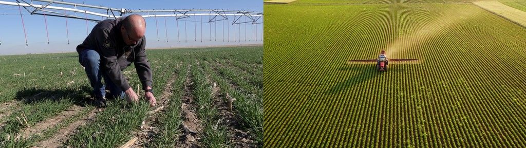 On the left, farmer Dwane Roth of Kansas kneels in his field. On the right, an aircraft can be seen treating the field.