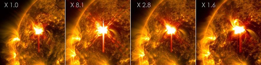 Four side by side images of the upper left area of the Sun. The images are golden against a black background. They are labeled X1.0, X8.1, X2.8, and X1.6 from left to right. In each image, there is a bright white flash in the upper area, in the same spot on each image.