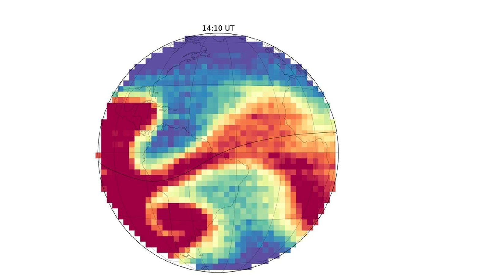A circular heatmap shows a swirling pattern of colors, with red and yellow regions indicating higher values, and blue and green areas showing lower values. The overlay covers the Atlantic Ocean and parts of surrounding continents.
