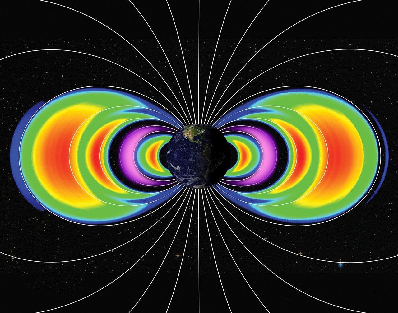 Illustration of Earth surrounded by colorful, concentric rings representing the Van Allen radiation belts, with white magnetic field lines arching around the planet against a black space background.