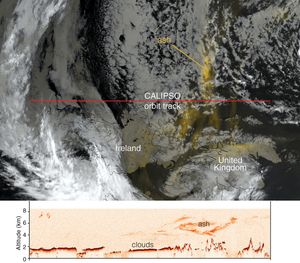 Ash plume from Eyjafjallajökull Volcano, Iceland as seen by MODIS and CALIPSO