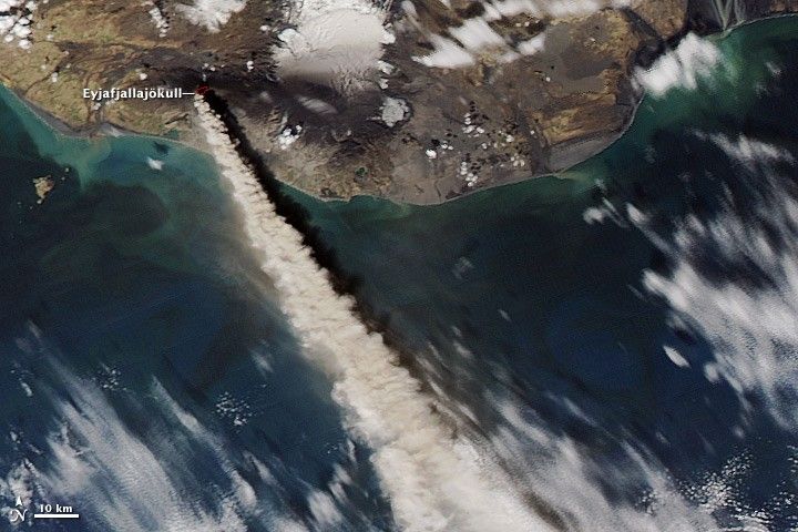 Eruption of Eyjafjallajökull Volcano, Iceland as seen by MODIS