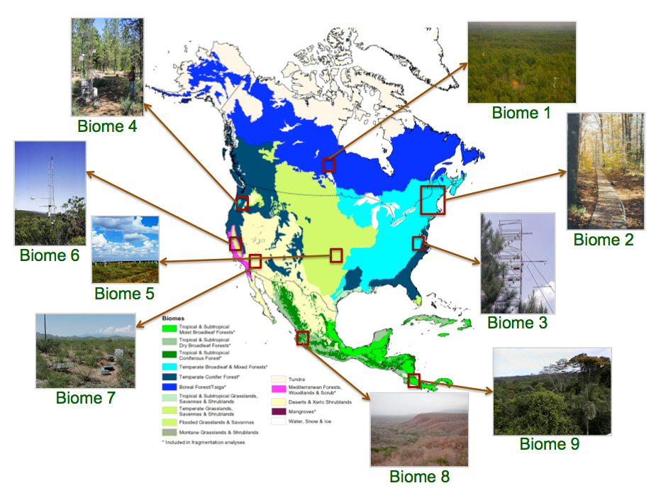 A map of North America with regions colored to indicate the nine biomes that will be targets for the AirMOSS campaign.