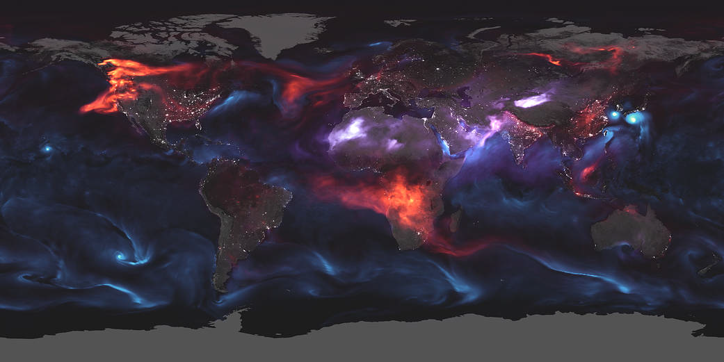 Goddard Earth Observing System Forward Processing (GEOS FP) model output for aerosols on August 23, 2018. On that day, huge plumes of smoke drifted over North America and Africa, three different tropical cyclones churned in the Pacific Ocean, and large clouds of dust blew over deserts in Africa and Asia.