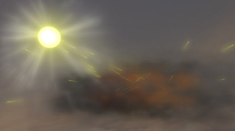 Forest fires emit black soot carbon aerosol clouds. Sun rays are absorbed by these dark clouds. Some sun rays are reflected and some still travel through the cloud to the ground.