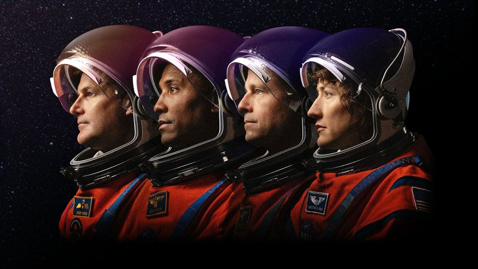 A dark podcast logo features the four crew members of NASA's Artemis II mission looking to the left of the frame. Above them, the podcast title "NASA's Curious Universe" is in white. A white NASA insignia is in the upper right corner. At the bottom of the image, the text reads "Artemis II"