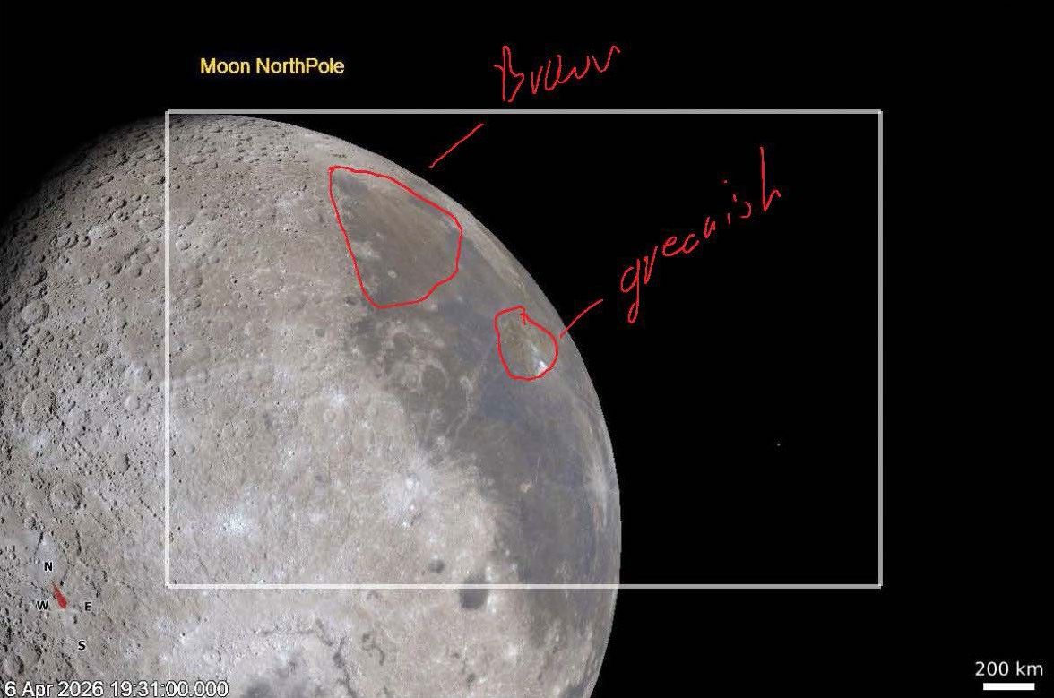 About two thirds of the Moon sits against the black of space. The outer edges and right half of the Moon’s visible surface are mostly covered in darker mare. The left half has many more craters. The mare are annotated by the crew. A section closer to the 2 o’clock position is labeled “Brown.” A smaller section closer to the 3 o’clock position is labeled “greenish.”