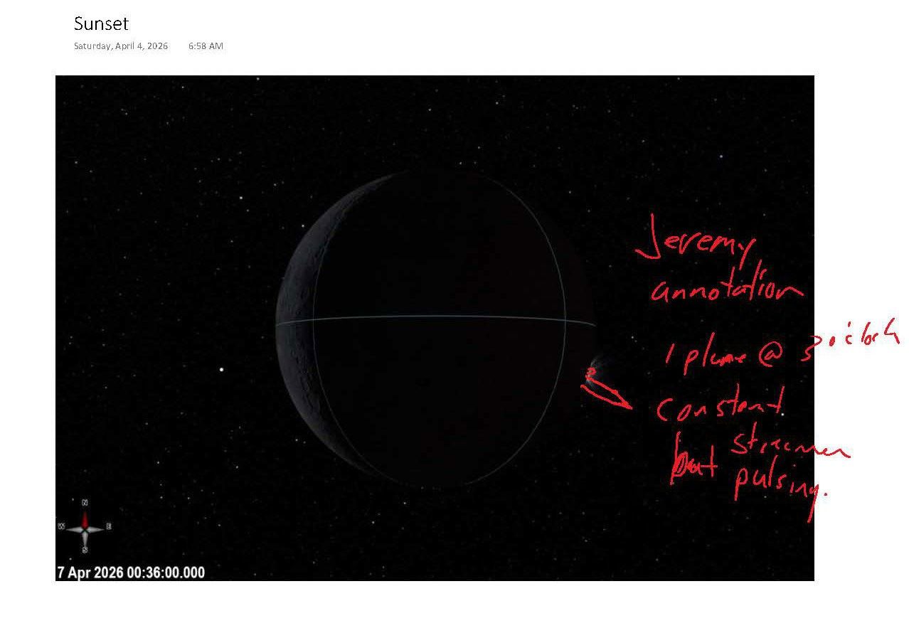Annotated picture of a dark Moon. It reads “Jeremy annotation. 1 plume at 3 o’clock constant but streamer pulsing.” He has drawn a small burst sticking out from the bottom right edge of the Moon.