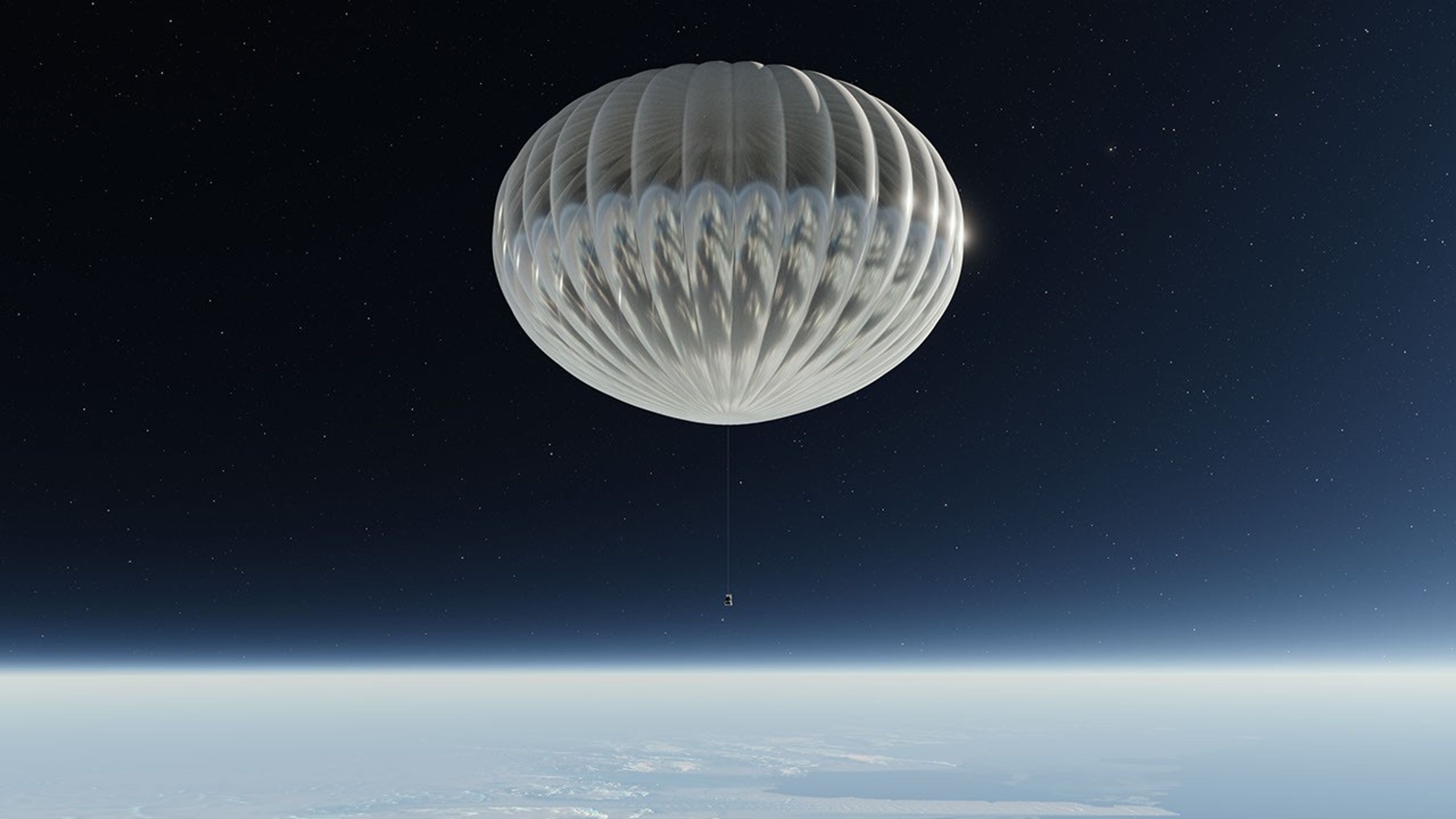 Artist’s concept of the ASTHROS telescope suspended beneath a massive stratospheric balloon, floating high above Earth’s atmosphere. The translucent, textured balloon dominates the image, with the telescope payload hanging below it on a thin cable. The curvature of Earth is visible at the bottom, transitioning into a dark, star-filled sky, illustrating the telescope’s operation above atmospheric interference.