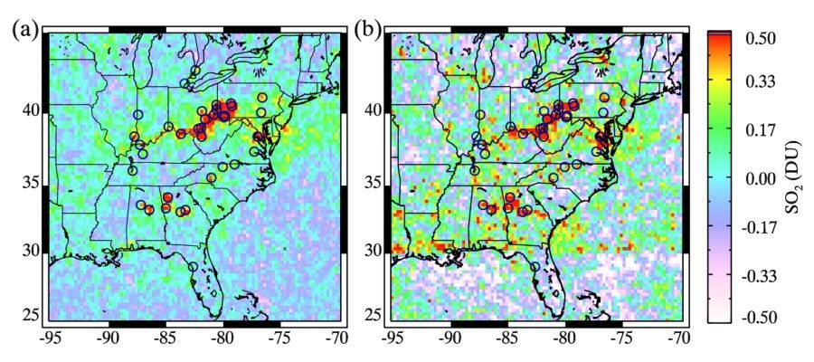 Aura OMI Monthly mean sulfur dioxide  maps over the Eastern U.S. for August 2006
