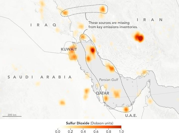 Aura satellite detection of missing SO2 sources in the Middle-East.